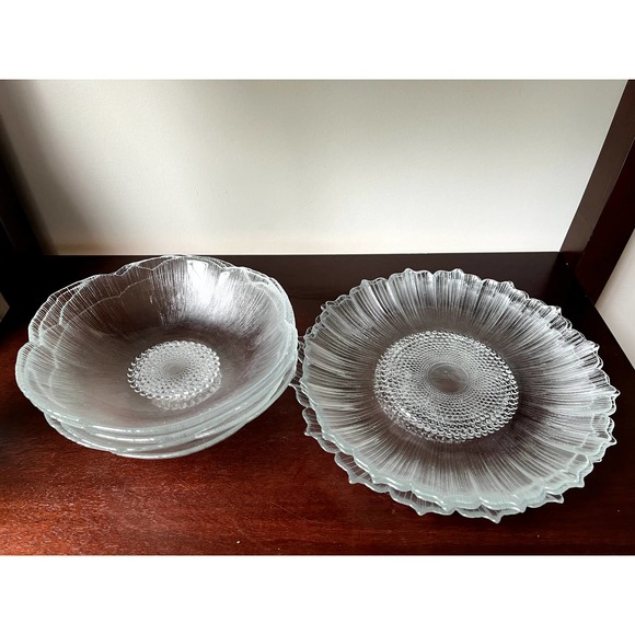 4-Serving Glass Salad Plate and Bowl Set Raised Floral Print Hobnail Unbranded - Picture 1 of 12